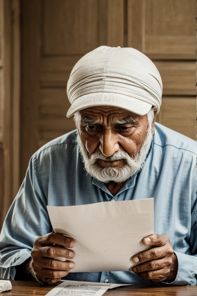Old man looking at a letter with a pen in his hand, tears in his eyes, big hair, torn Punjabi clothes, white cap on his head.