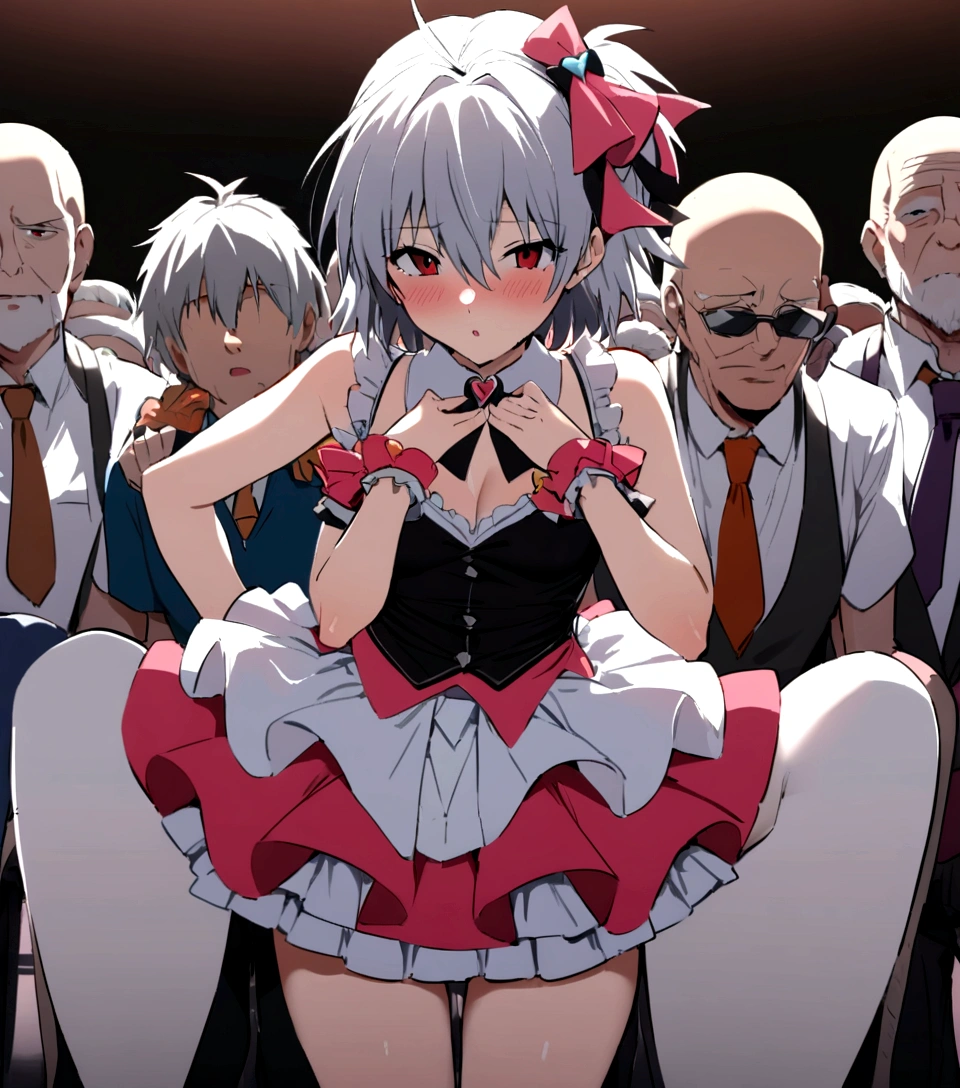 masterpiece, best quality, extremely detailed, evangelion kaworu nagisa, kaworu nagisa, red eyes, seductive, hot, cute, extremely cute, (nsfw, sexualized, harassed, sexual assault, sexualized by dirty bald old men) idol, on stage, strong shining aura, cute poses, (cute idol clothes, alot of accessories, hair accessories) idol group member, center of attention, audience