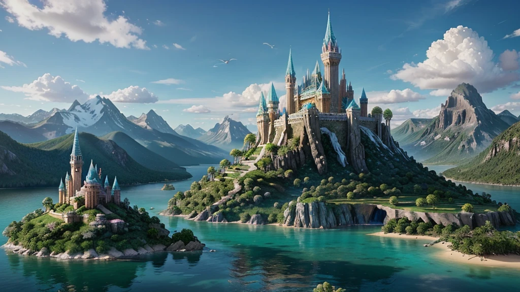 Create a breathtaking fantasy landscape featuring a towering crystal castle perched atop a floating island. Surround the island with swirling, colorful clouds and distant mountains with cascading waterfalls. Add mythical creatures like dragons and unicorns frolicking around the base of the island