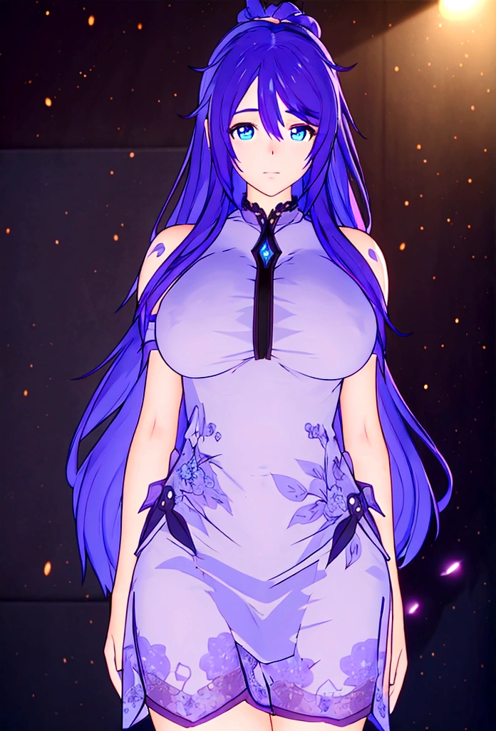 a detailed anime girl with violet colored hair, big blue eyes, and a perfect face, (best quality, masterpiece, detailed, photorealistic, 8k, hyper detailed, intricate details, high definition, sharp focus, ultra-realistic, physically-based rendering, cinematic lighting, vibrant colors, dramatic lighting), fantasy, elegant, beautiful, charming, graceful, alluring, black sexy short dress, full anatomy