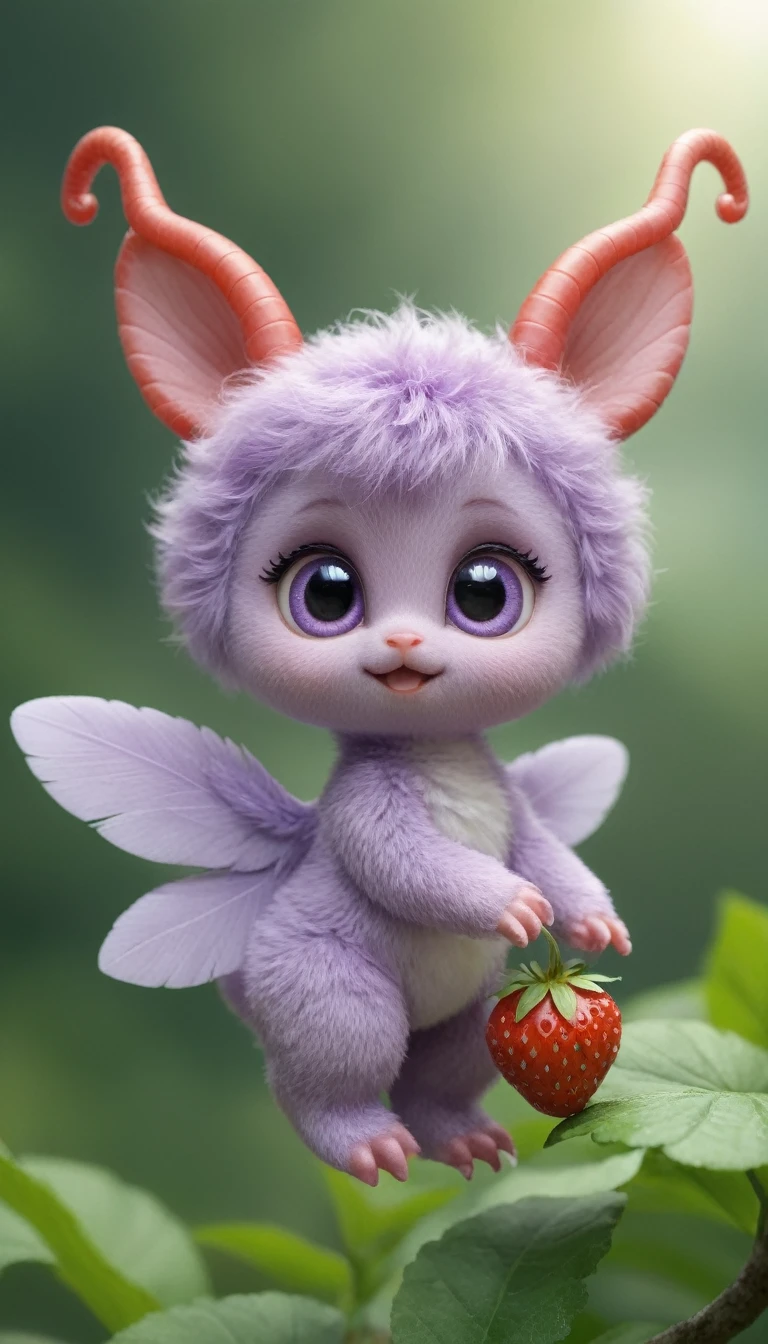 Cute unidentified creature、A soft, pastel lavender body、Cute big eyes、Small ears、small limbs、Big shiny feather、Sparkly spiral horns、Flapping wings and floating、Eating strawberries、Background: New Zealand、photograph、Highest quality、４K