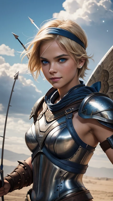 belligerent girl, Valkyrie, bold and beautiful, short blond hair, Blue eyes, smile, Predator's Gaze, Developing hair, A look over the shoulder, headband with metal wings, Sparkling steel, Bow and arrows, Weapon, heat of battle, battle, clouds, realistic photo, high quality, masterpiece, detailed study.