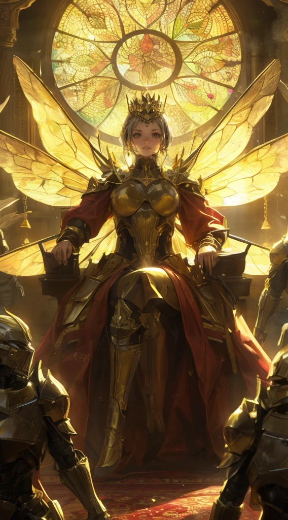 the humanoid queen bee is sitting on her throne, she has a small crown, tyndall effect from the stained glass decoration behind her, powerful, guarded by armored humanoid be soldiers, perfect illustration, anime realism