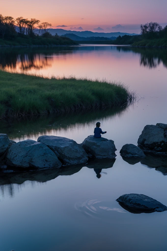 Produce an image of an invisible figure emerging from a body of water during twilight. The figure's presence is suggested by the way the water moves and the light refracts around them. The scene should have an ethereal, otherworldly atmosphere, with the colors of the sky blending into the reflections on the water. The invisible figure’s outline should be accentuated by gentle light and shadows.