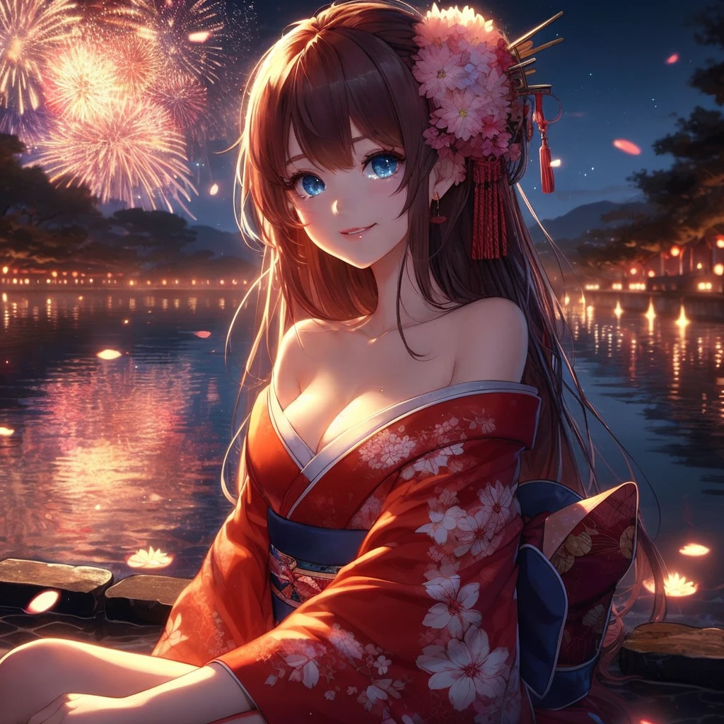anime girl with red kimono sitting on a dock with fireworkss in the background, Beautiful anime girl, Beautiful anime woman, anime style 4k, Beautiful charming anime woman, Wearing a kimono, Attractive anime girl, Beautiful anime, fireworks, Beautiful anime artwork, beautiful anime girl, 4k anime wallpaper, anime wallpaper 4k, anime wallpaper 4k