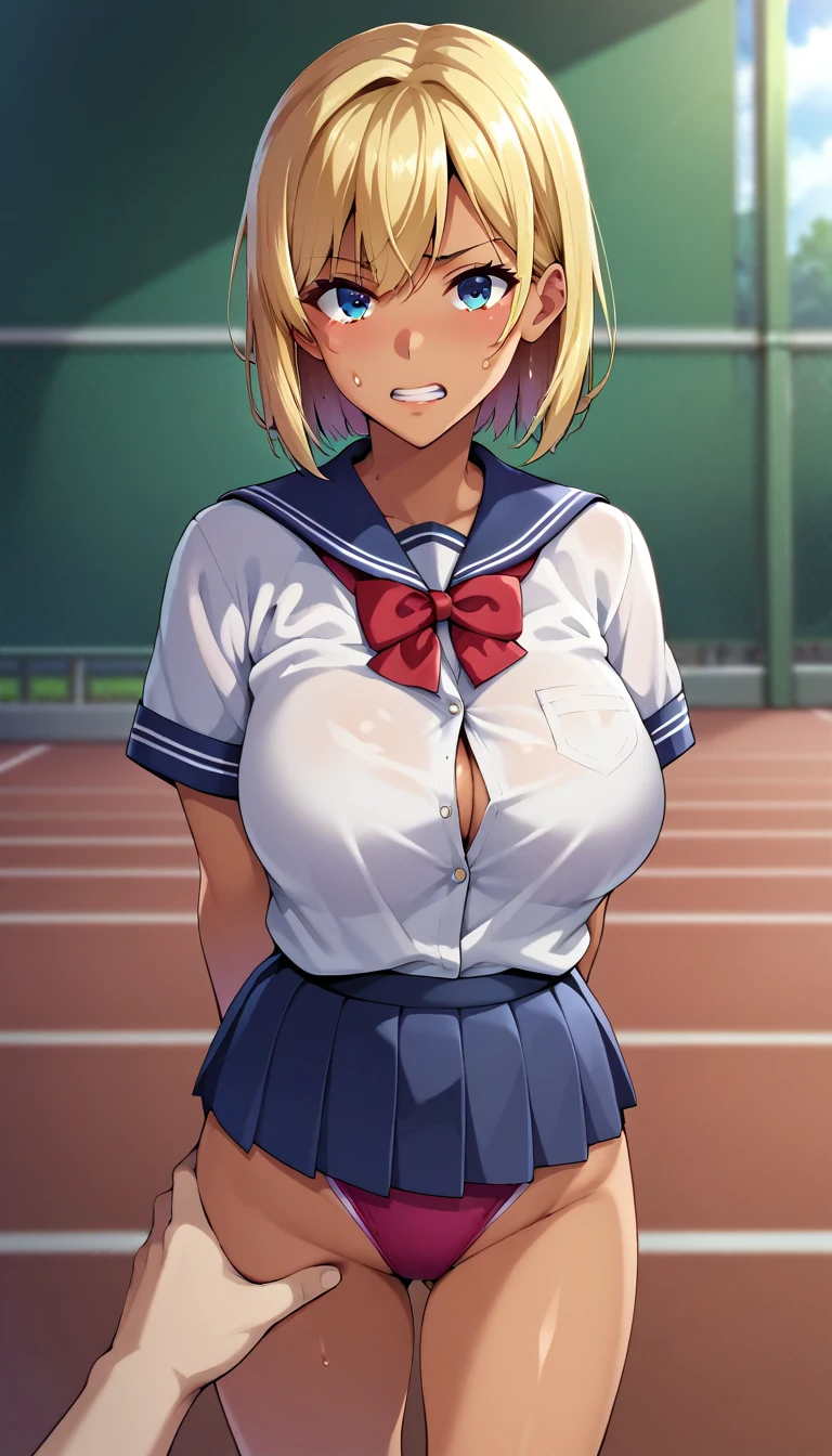 (masterpiece, best quality, ultra-detailed, high resolution, detailed eyes), takeda hiromitsu style, 1girl(17 years old), (school uniform, short sleeve shirt), (straight blonde hair, medium hair), solo, tanned skin, tsurime, (scared:0.8), large breasts, slender body, looking at viewer, pov, cowboy shot, arms behind back, standing, sport warehouse