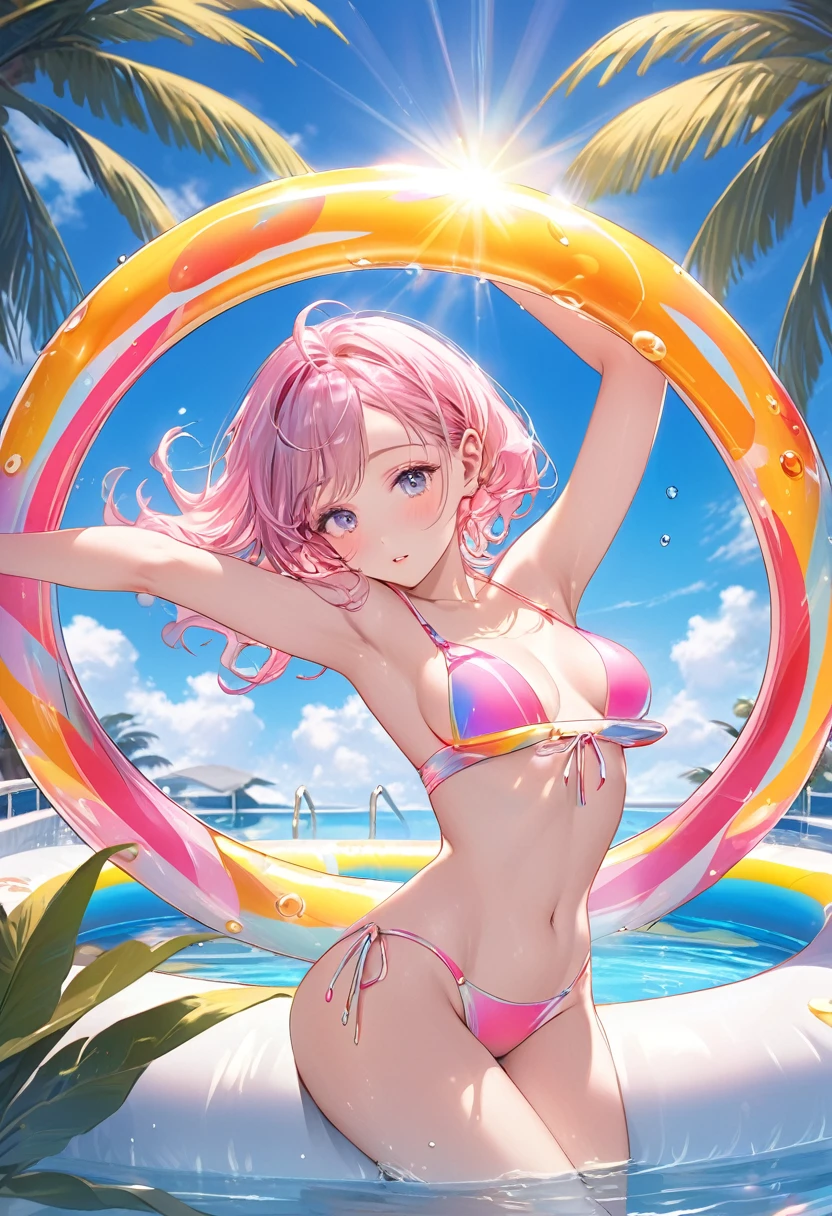 best quality, super fine, 16k, 2.5D, delicate and dynamic depiction, swimming pool in a dreamland, beautiful woman in swimsuit floating in floating ring, sunbathing with her arms raised towards the sun, amorous and lewd expression, superlative body proportion, glittering and fluffy effect of pastel and vivid colors