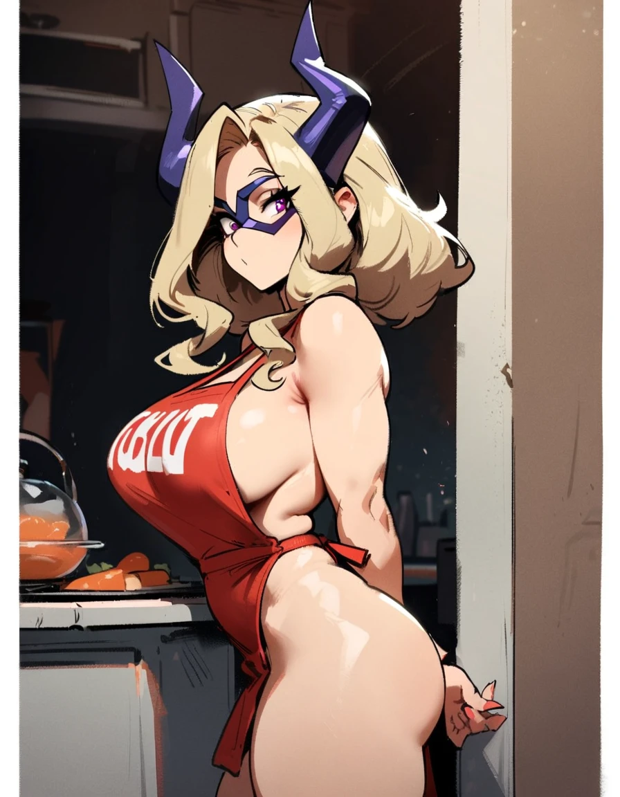 1girl, mount lady, boku no hero academia \\\\\ masterpiece, best quality, very aesthetic, absurdres, newest \\\\\\ sportive body,  \\\\\\  by dodok, nyantcha, cutesexyrobutts, by khyle ///// blonde, purple eyes,   , 24 years old,, wearing only apron, , naked, rating general, hands behind back,big tits
