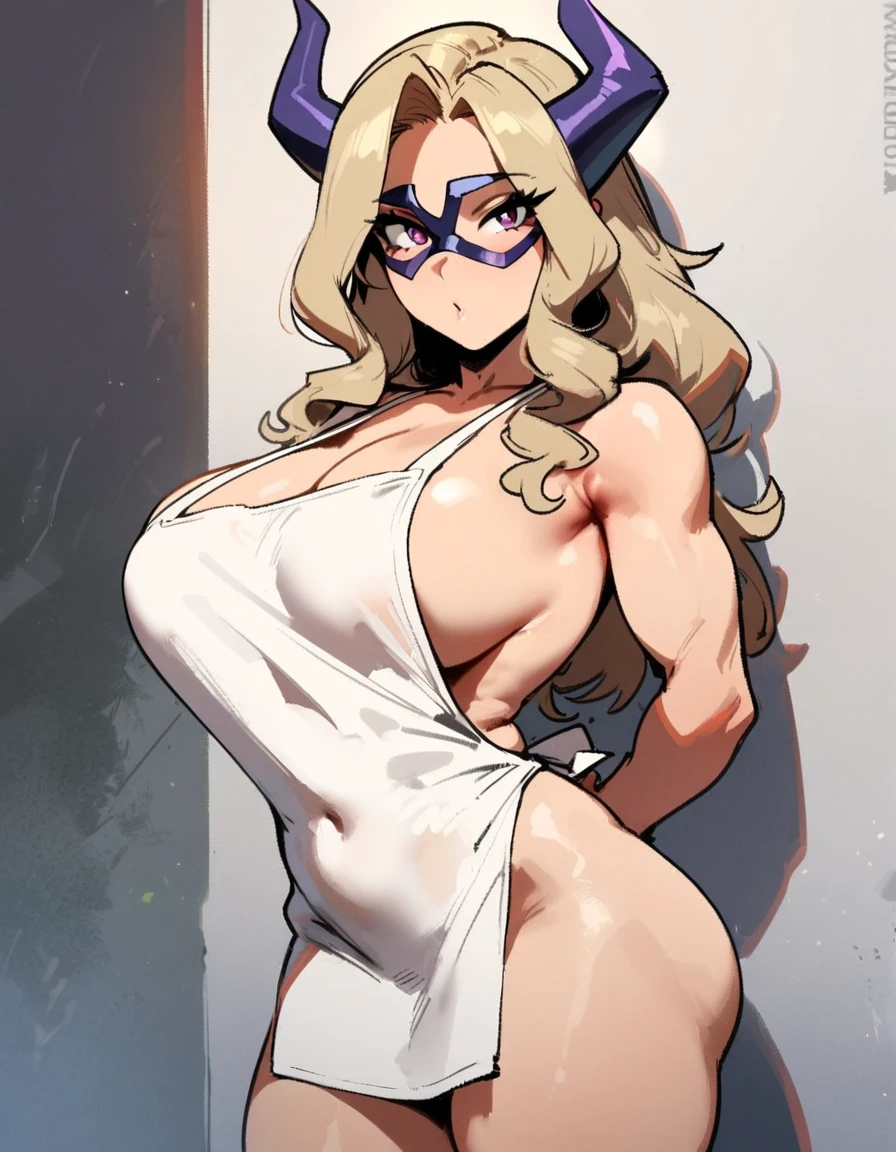 1girl, mount lady, boku no hero academia \\\\\ masterpiece, best quality, very aesthetic, absurdres, newest \\\\\\ sportive body,  \\\\\\  by dodok, nyantcha, cutesexyrobutts, by khyle ///// blonde, purple eyes,   , 24 years old,, wearing only apron, , naked, rating general, hands behind back,big tits
