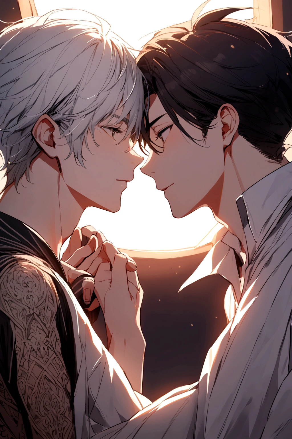 2 men love each other, one with black hair and one with white hair