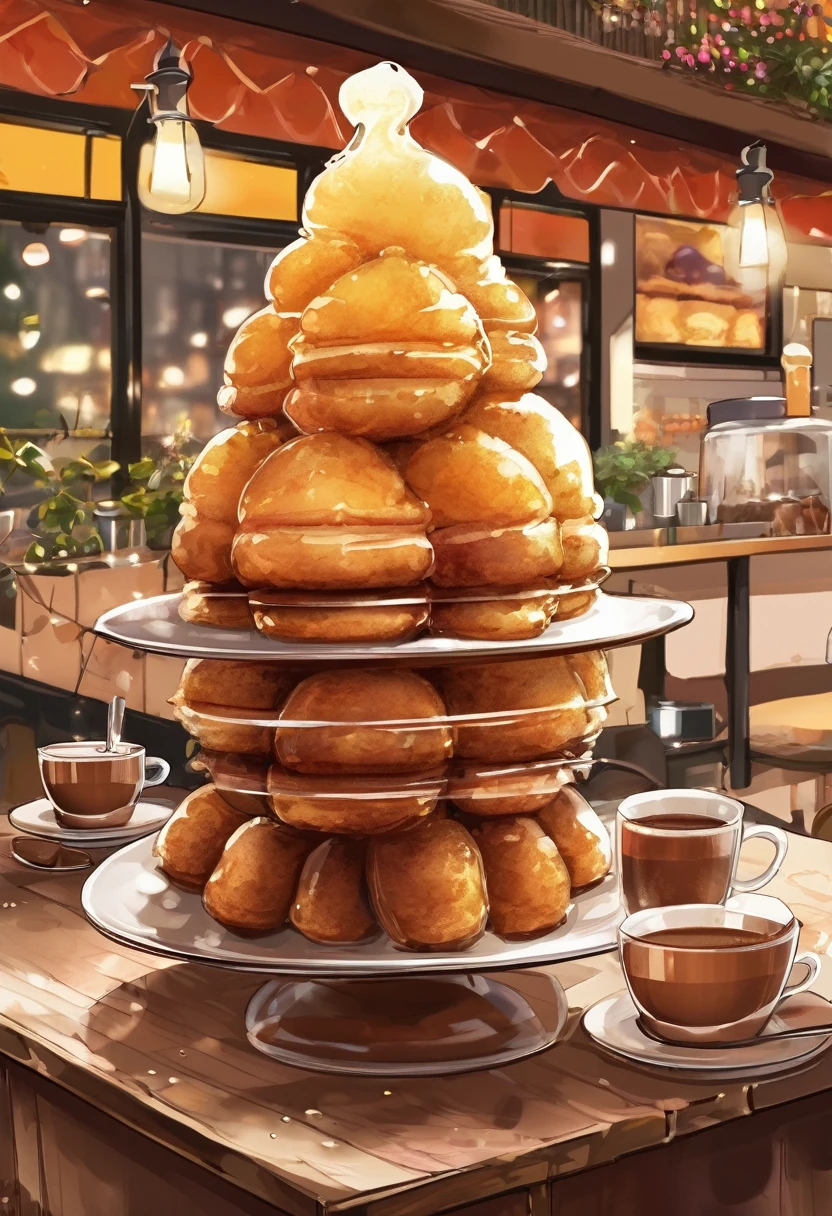 BREAK Perfect Anatomy、Highest quality、(cute:1.1)、(cute)、(High resolution:1.2)、Unbelievably absurd:1.3、Incredible illustrations、(cuteイラスト:1.2)、(Beautiful background、Coffee shop)Cocoa Sauce Croquembouche