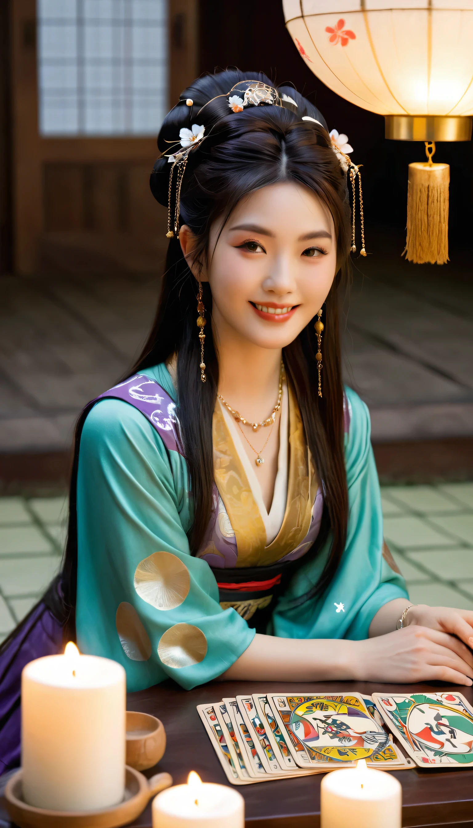 Top quality, masterpiece, high resolution, 1 female, 35 years old, Japanese, Western Fortune Teller Costume, Hair accessories, necklace, Jewelry, Pretty Face, A calm smile, Above_Body, Tyndall effect, Reality, Divination Room, Candles on the table, Tarot, Rim Light, Two-tone lighting, (HD Skin:1.2), 8K uhd, Digital SLR Camera, Soft lighting, high quality, Volumetric Lighting, frank, photography, high resolution, 4K, 8K, Bokeh