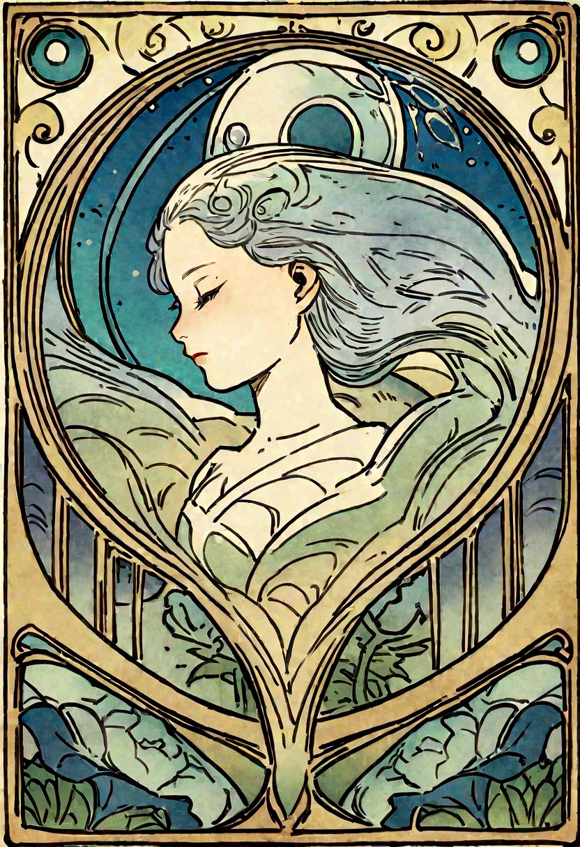 Beautiful drawing of Nishikigoi jumping out of the water、Simple Haida design with whale flowing、Haida's design is simple, Clean flowing lines with no filler pattern on the inside、Side view of the whole body、Art Nouveau advertising style、I'm looking with my head down。forward、Cinematic、typography