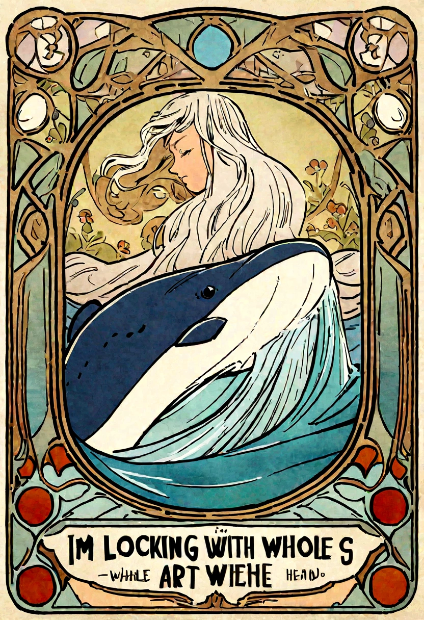 Beautiful drawing of Nishikigoi jumping out of the water、Simple Haida design with whale flowing、Haida's design is simple, Clean flowing lines with no filler pattern on the inside、Side view of the whole body、Art Nouveau advertising style、I'm looking with my head down。forward、Cinematic、typography