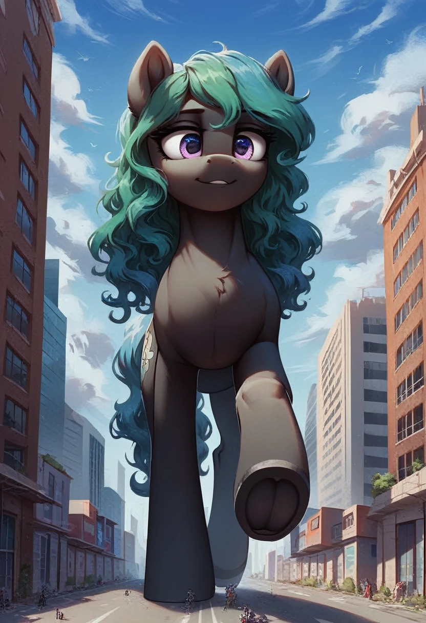 score_9, score_8_up, score_7_up, 2girls, 2female, 1 girl, 1 girl, duo, twice, giantess, macro, giant pony, (character1: white body, blue hair, wavy hair, purple eyes), (character2: black body, green hair, straight hair, blue eyes), (leaning on building), anatomically correct, feral anatomy, good anatomy, depth of field, muted colors, extremely high quality RAW photograph, earth pony, semi-anthro, female, ponified, fluff chest, (walking through the city, a eye level shot, close-up, focus), (background: among buildings, narrow streets, as tall as buildings), underhoof, doom, looming
