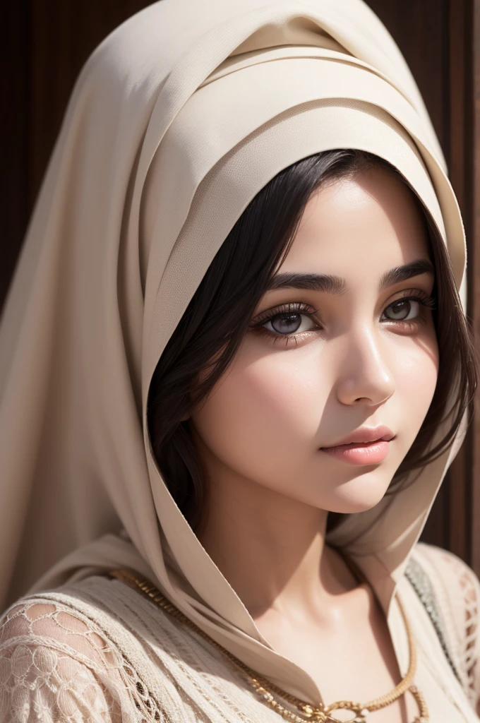 Portrait a charming young arab woman. She has a delicate face, but is veru muscular and a little chubby.