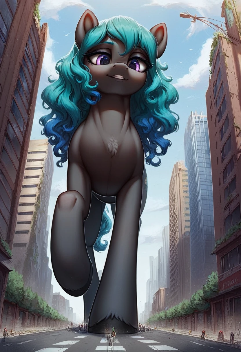 score_9, score_8_up, score_7_up, 2girls, 2female, 1 girl, 1 girl, duo, twice, giantess, macro, giant pony, (character1: white body, blue hair, wavy hair, purple eyes), (character2: black body, green hair, straight hair, blue eyes), anatomically correct, feral anatomy, good anatomy, depth of field, muted colors, extremely high quality RAW photograph, earth pony, semi-anthro, female, ponified, fluff chest, (walking through the city, view from below, close-up, focus), (background: among buildings, narrow streets, as tall as buildings), underhoof, doom, looming