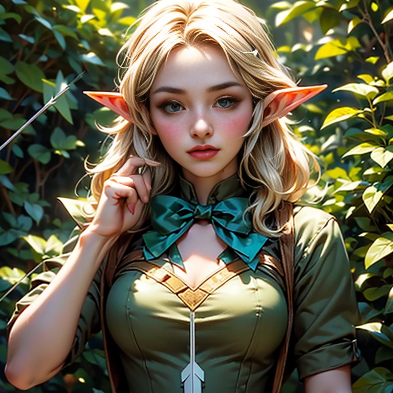 ((Put an arrow in the bow, aim it at the viewer, and release the arrow._Elf_Archer:1.9))、Blonde medium hair、Big Breasts、Narrow waist、Big Butt、Ideal proportions、Oily skin with detailed、(Wearing a revealing, beautiful and delicate outfit:1.5)、Carry a quiver full of arrows on your back、(モーションブラー効果で表現されたElfの動き:1.5)、(Highest quality、4K、8K、High resolution、masterpiece:1.2)、Very detailed、(Genuine、Realistic、Realistic:1.37)、詳細なElf、Fantastic lighting、green々leaf、Magical atmosphere、Dramatic Shadows、Beautiful night forest scenery in vibrant colors