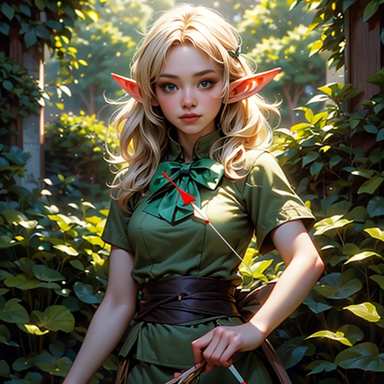 ((Put an arrow in the bow, aim it at the viewer, and release the arrow._Elf_Archer:1.9))、Blonde medium hair、Big Breasts、Narrow waist、Big Butt、Ideal proportions、Oily skin with detailed、(Wearing a revealing, beautiful and delicate outfit:1.5)、Carry a quiver full of arrows on your back、(モーションブラー効果で表現されたElfの動き:1.5)、(Highest quality、4K、8K、High resolution、masterpiece:1.2)、Very detailed、(Genuine、Realistic、Realistic:1.37)、詳細なElf、Fantastic lighting、green々leaf、Magical atmosphere、Dramatic Shadows、Beautiful night forest scenery in vibrant colors