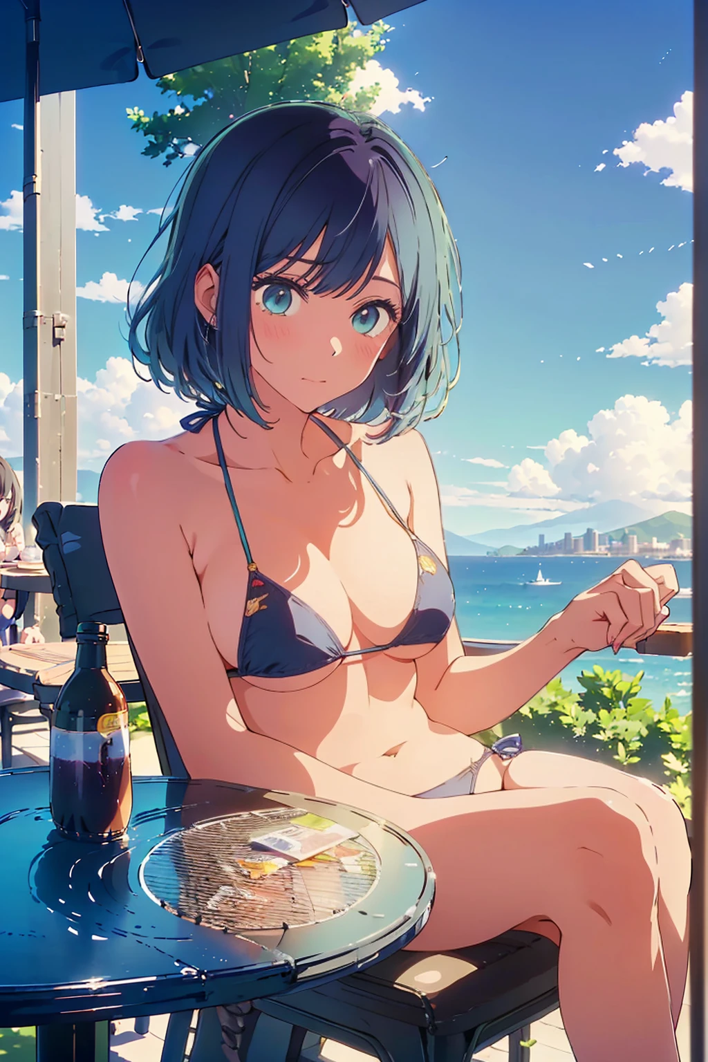 (Highest quality:1.4、masterpiece:1.4、Super detailed:1.4、8K:1.4)、F cup bust、Big Breasts、Slim body、Very white beautiful skin、((((1 person、Surprised expression、sit、Chair、In the background are the urban buildings of Tokyo、looking at the camera、Outdoor café terrace、coastal、Navy hair color、juice、Shooting up close、table、Very cute face))))、(Pose of putting hair behind ears with hands:1.4）、((nude、Areola、bikini size too small))、Very blue sky、A completely cloudless sky