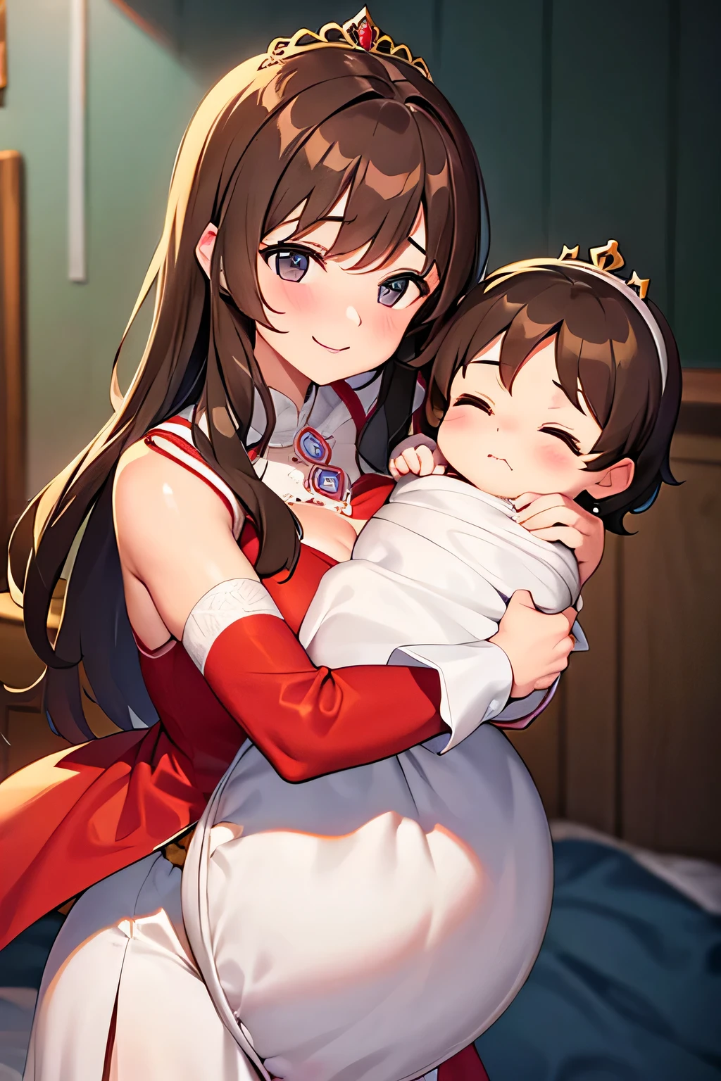 Brown haired milf princess, hugging her .