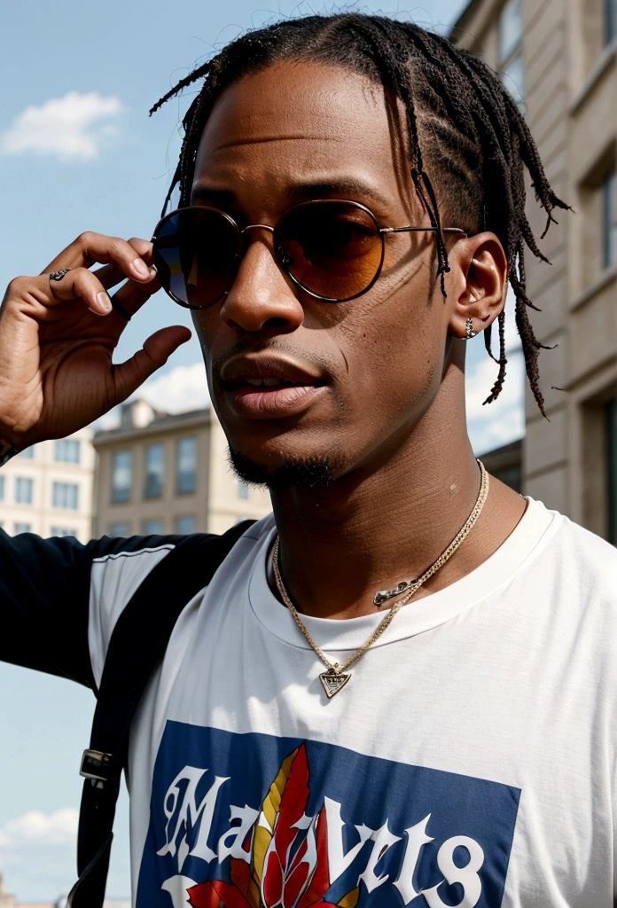 Travis Scott wearing sunglasses and wearing a Bayer Munich t-shirt