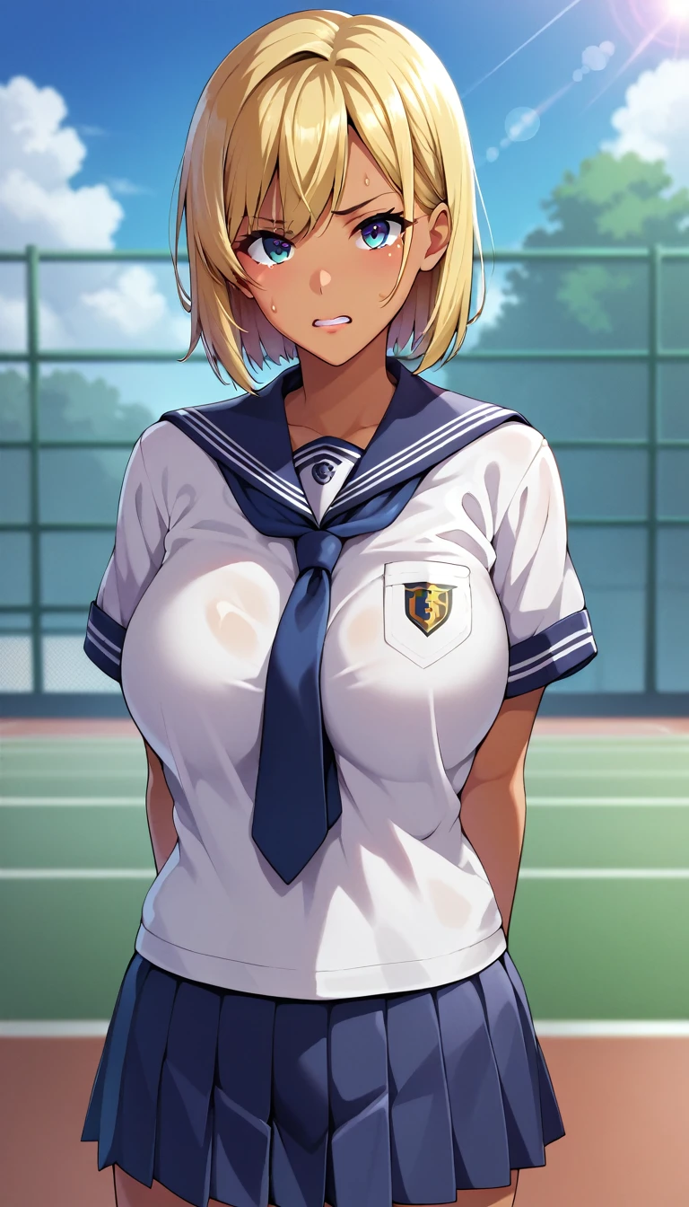 (masterpiece, best quality, ultra-detailed, high resolution, detailed eyes), takeda hiromitsu style, 1girl(), (school uniform, short sleeve shirt), (straight blonde hair, medium hair), solo, tanned skin, tsurime, (scared:0.8), large breasts, slender body, looking at viewer, pov, cowboy shot, arms behind back, standing, sport warehouse
