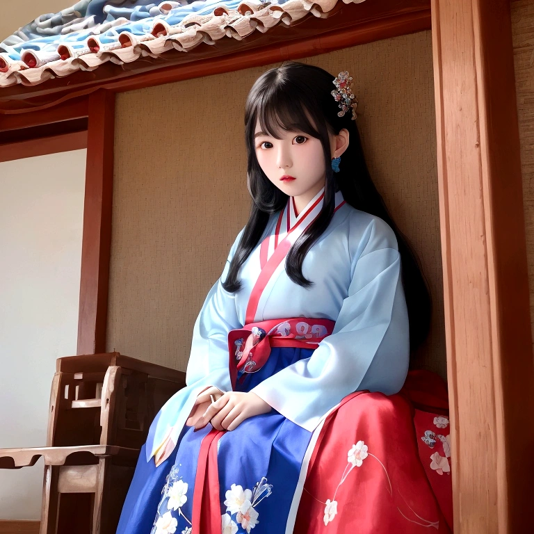masterpiece of surreal fantasy, closeup of a korean teen girl like idol, long hairstyles, wear transparent a blue and red Hanbok traditional clothes, in ancient korean house, There was light coming down from the shade of the cloudy, light and shadow, vivid color, kodak film
