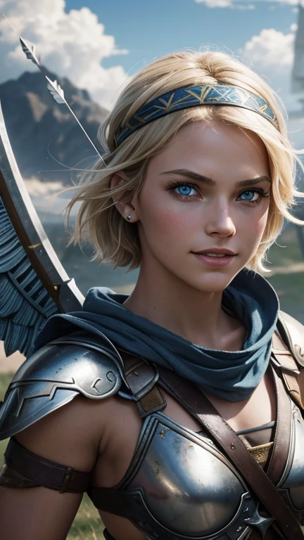 belligerent girl, Valkyrie, bold and beautiful, short blond hair, Blue eyes, smile, Predator's Gaze, Developing hair, A look over the shoulder, headband with metal wings, Sparkling steel, Bow and arrows, Weapon, heat of battle, battle, clouds, realistic photo, high quality, masterpiece, detailed study.