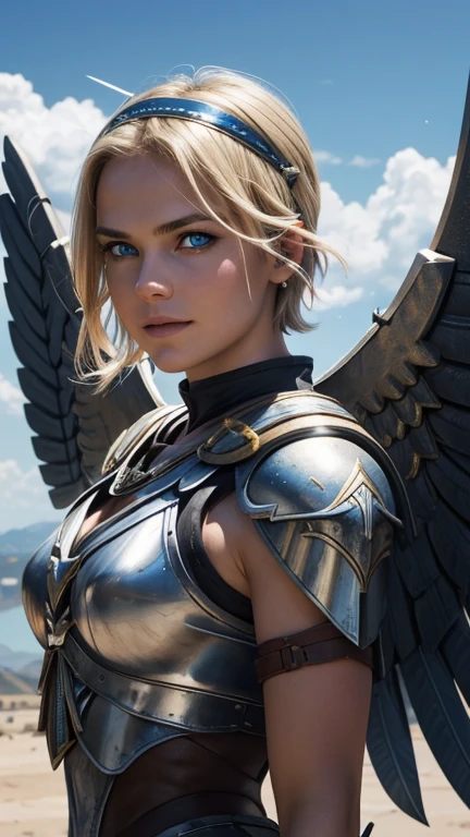 belligerent girl, Valkyrie, bold and beautiful, short blond hair, Blue eyes, smile, Predator's Gaze, Developing hair, A look over the shoulder, headband with metal wings, Sparkling steel, Bow and arrows, Weapon, heat of battle, battle, clouds, realistic photo, high quality, masterpiece, detailed study.