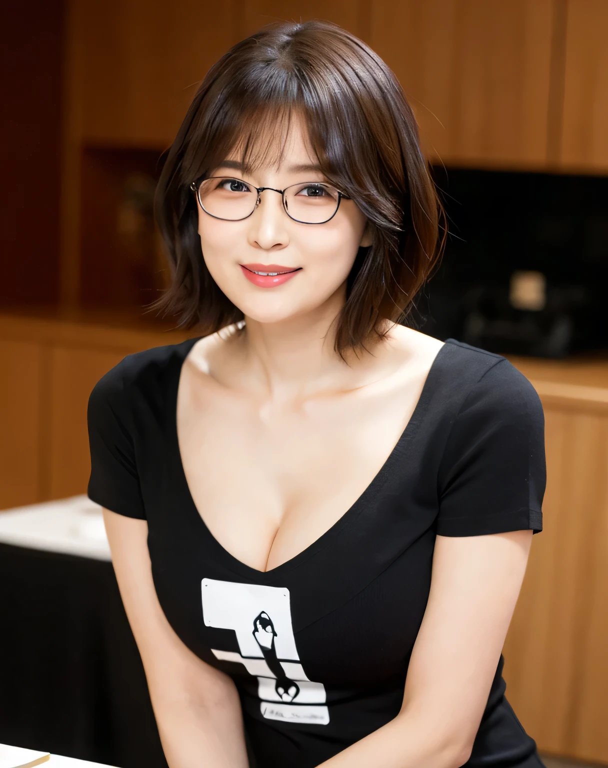 Tabletop, Highest quality, figure, Super detailed, In detail, High resolution, 8k wallpaper,Cute Smile、looking at the camera、Staring at the audience、 Big Breasts、Cleavage、Perfect dynamic composition, Slightly thicker:0.3, 1 beautiful girl, Glasses, ((close:1.3, View your viewers)), Beautiful attention to detail, (Wearing a black V-neck T-shirt, Short Bob Hair, The color base is black and white),