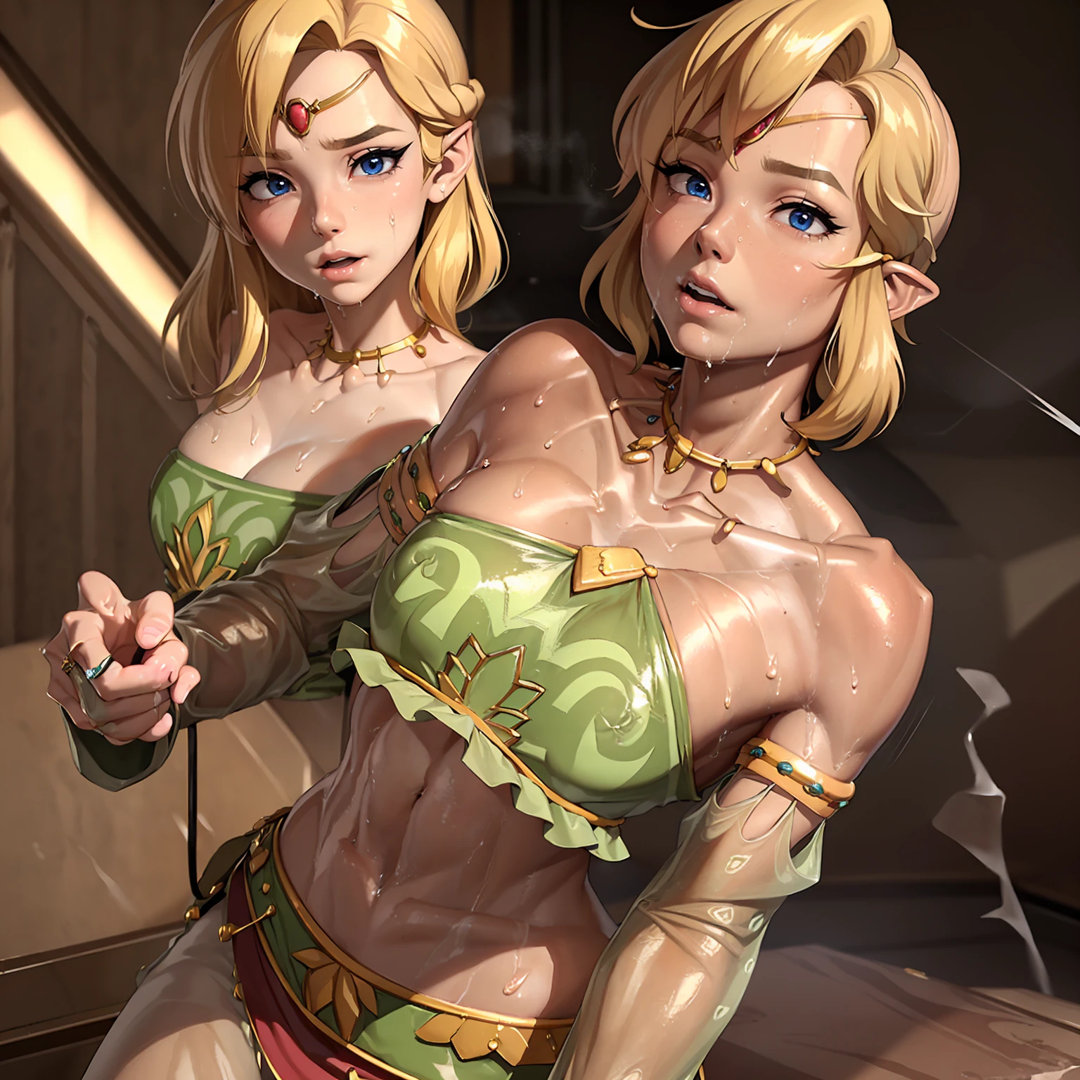((masterpiece)), ((best quality)), (detailed), perfect, solo, link, gorgeous boy, luscious lips, blonde hair, sexy, (((oiled collarbones))), (((sweated collarbones)))