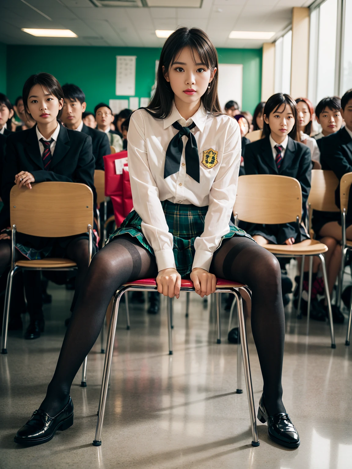 (whole body:1.5),(Watching the audience:1.4),(Correct Anatomy:1.3),(That day in paradise:1.3),(Wearing matte black pantyhose, a JK student uniform tartan check pleated skirt and JK uniform leather shoes,And lots of jewellery :1.3), (Sit on a chair:1.3),(In pink|yellow|Blue color|green|red|White color|Black in color|Purplish color|grey|beige|Skin color 1.4),,(Accurate and perfectly beautiful face:1.4),(Clothing gloss:1.25),(Skin Reflection:1.25),Hyper HD, Ray Tracing, reflected light,Structurally correct, Award-winning, expensive詳細, Light and dark contrast, Facial lighting,Cinematic Lighting, Masterpiece, Super Detail, expensive、expensive品質, expensive詳細, Best quality, 16K,High Contrast,Unprotected lower body, NSFW