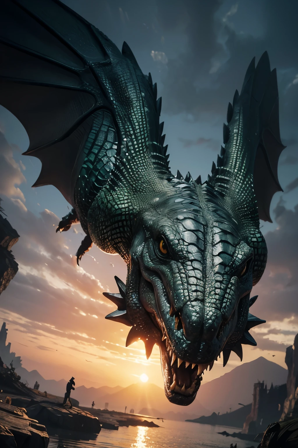 A creature that is a mix between a crocodile and a bird。Terrifying monsters。The background is realistic。There are a lot of backgrounds。