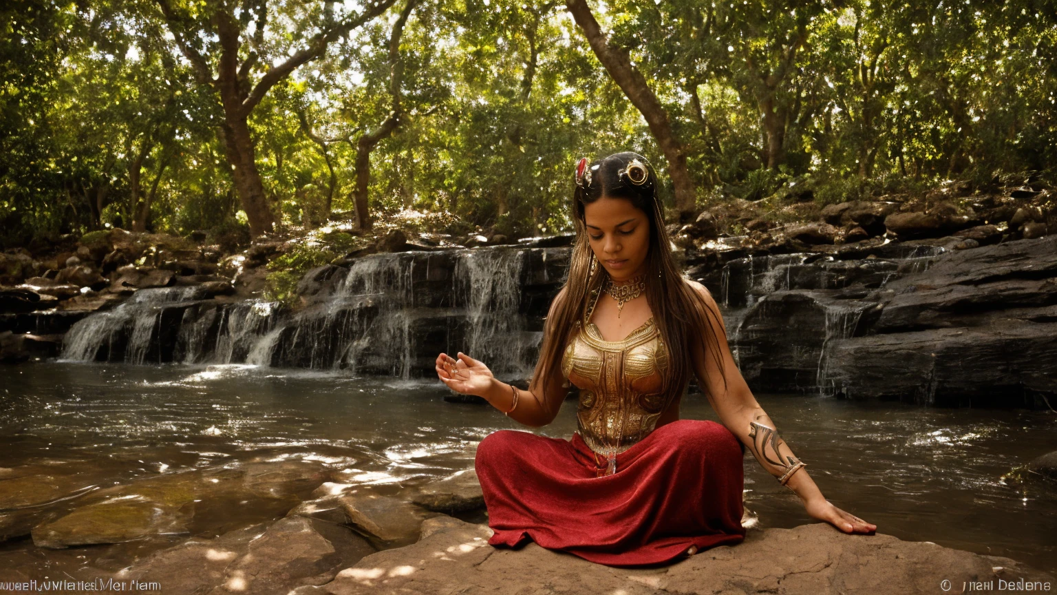 Women"Voluptuous and mysterious priestess meditating in an enchanting landscape near a waterfall, Dressed in a sacred robe and adorned with tattoos and piercings and an iron man helmet that covers her face, framed by a magnificent Hindu temple. The image is an ultra-realistic representation captured in stunning detail.."
