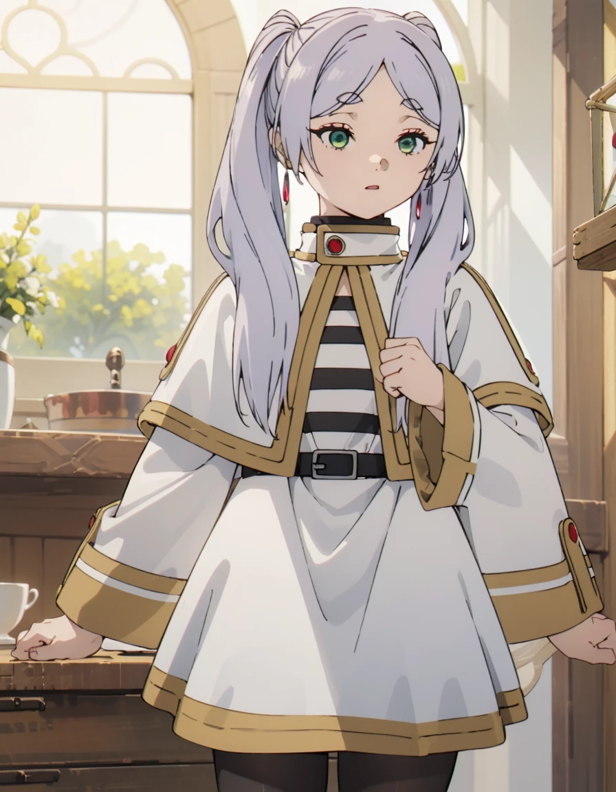 (Highest quality, masterpiece),sexy, erotic, One Girl, 18-year-old, Contempt, pride, Long silver hair, ((Green Eyes)), View your audience, View your audience, Warm Light, ((White Dress))), ((Are standing)), (Small breasts), ((Grab your skirt)), (Black pantyhose), Two ponytails,