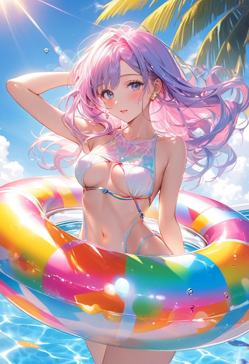 best quality, super fine, 16k, 2.5D, delicate and dynamic depiction, swimming pool in a dreamland, beautiful woman in swimsuit floating in floating ring, sunbathing with her arms raised towards the sun, amorous and lewd expression, superlative body proportion, glittering and fluffy effect of pastel and vivid colors