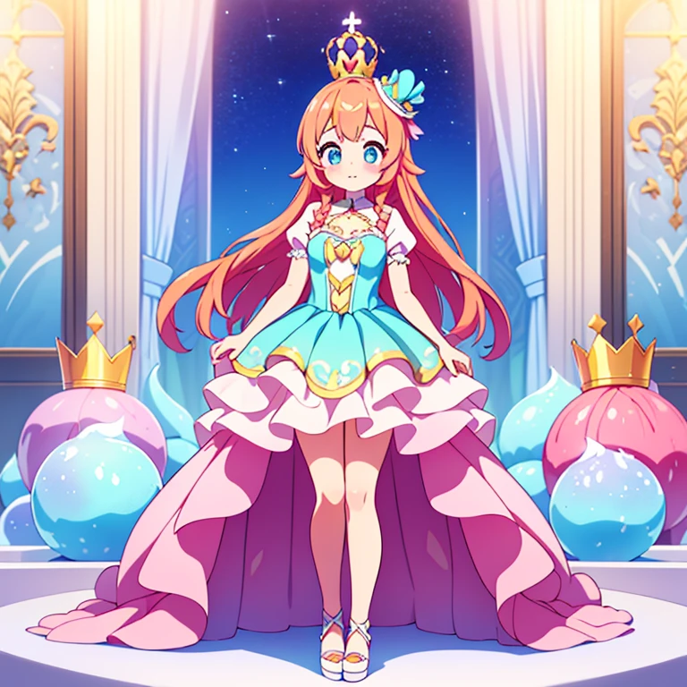 ( Gelatosprite is the evolved form of Chillcone, growing taller and gaining more intricate features while maintaining its ice cream essence. Its body now resembles a scooped gelato with layers of creamy swirls and frozen fruit chunks. Gelatosprite's eyes are larger and more expressive, shimmering like ice crystals in the sunlight. It wears a whimsical, cone-shaped hat adorned with candy decorations and a ribbon made of frozen sugar.) Full body, beautiful eyes , 1 girl , full body , cute girl , anime style , cute eyes , ice cream , giginka , (ball gown) , princess , crown , hidden legs , queen , (standing up)