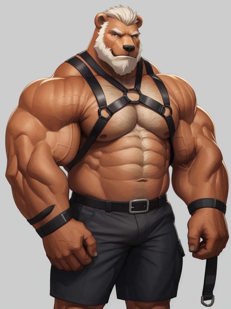 solo, 1boy, Huge Muscular Old man wearing  harness , pectoral, thick arms, huge pectoral, wide pectoral, short white hair, short pants and shirtless, beardedless, clean face, simple background, masterpiece, semirealistic:1.2, high detailed, 8k, high resolution