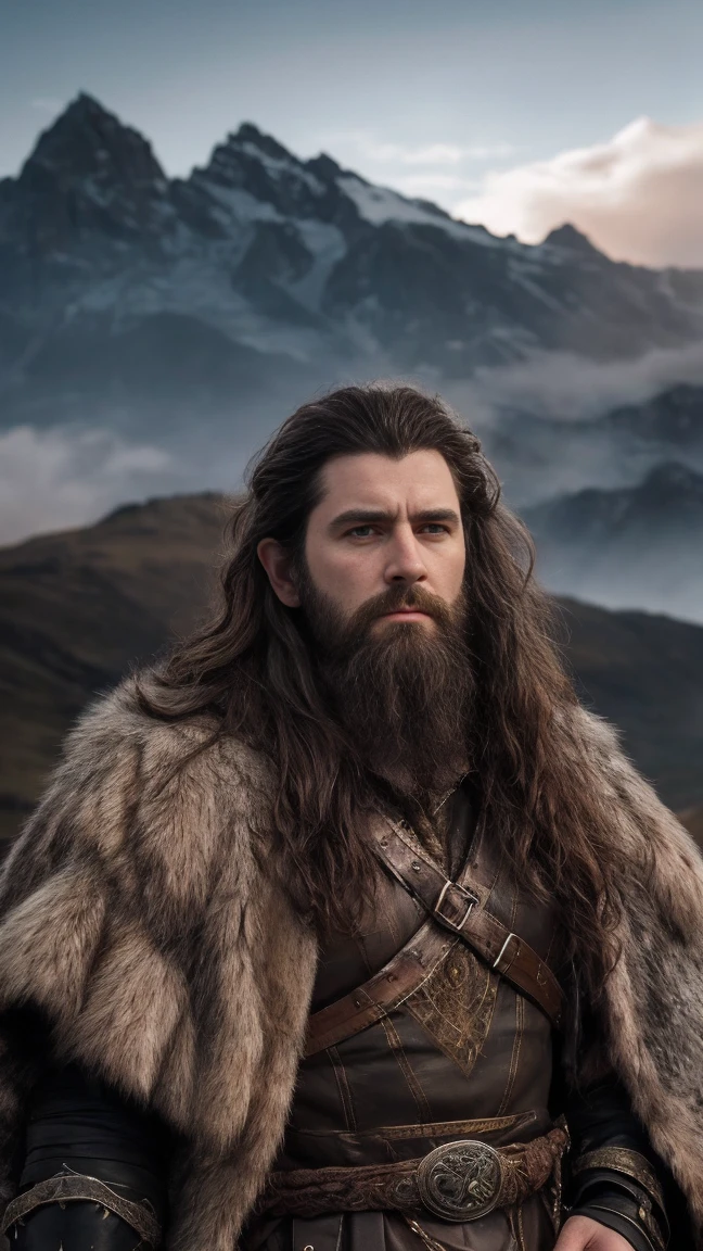 a detailed portrait of Thorin Oakenshield, a Durin's folk dwarf, with dark wavy hair, cinematic lighting, in front of the Lonely Mountain Erebor, fantasy, (best quality,4k,8k,highres,masterpiece:1.2),ultra-detailed,(realistic,photorealistic,photo-realistic:1.37),dramatic lighting,dramatic pose,detailed facial features,piercing eyes,strong jawline,rugged features,ornate dwarf armor,fur-lined cloak,majestic mountain backdrop,dramatic cloudy sky,warm color palette