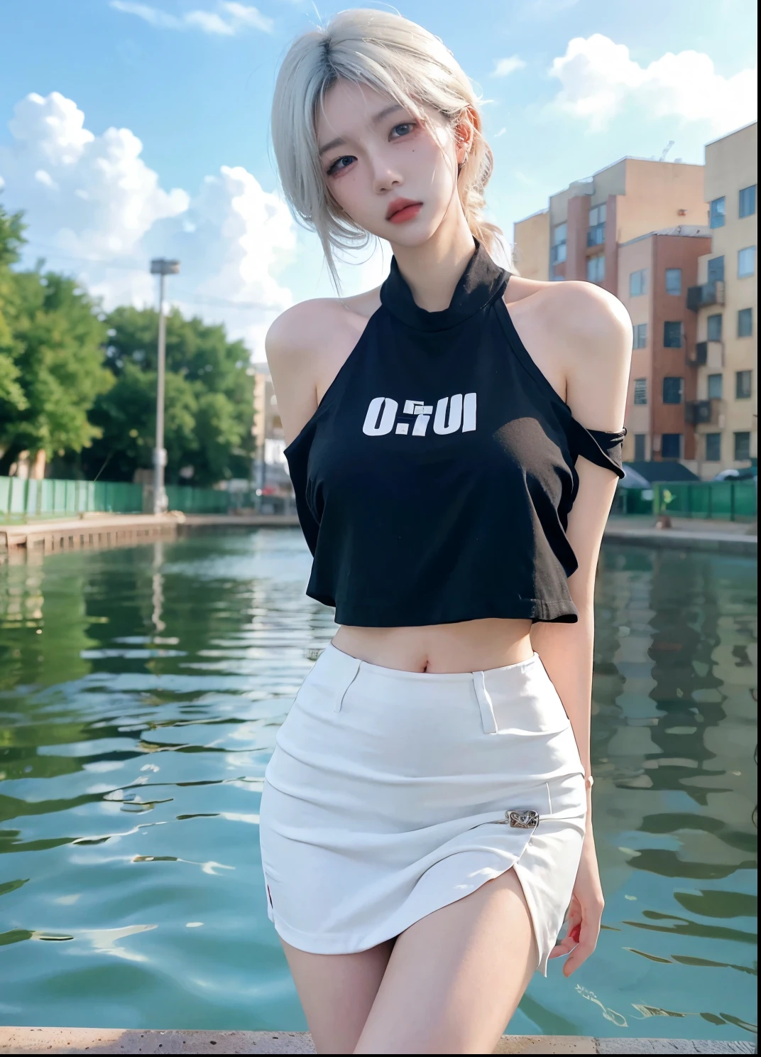 Beautiful woman with perfect figure:1.4,Ultra-high resolution,White legs,Put your hands behind your back,Swimming background,Big breasts:1.6,(Realism:1.4),perspective,Layered hairstyle,Snow white skin,JK:1.5,Super short pleated skirt,whole body:1.4,Very delicate and skin texture,Double eyelids,Skin Whitening,Long hair,White hair