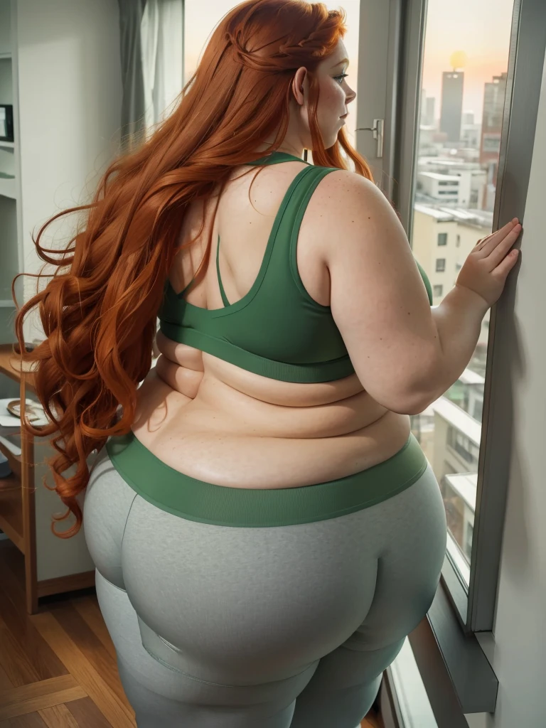 A back wiew photo of a young beautiful redhead bbw with long wavy ginger hair soft fat belly, wide fat obese hips, thick fat legs and fat arms, freckles, in a green yoga pants and yoga top, looking out of the window in a modern living room in sunset