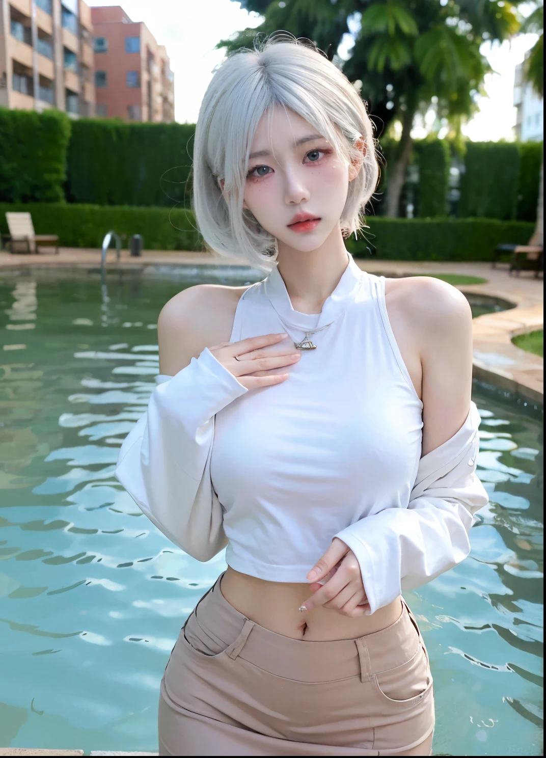 Beautiful woman with perfect figure:1.4,Ultra-high resolution,White legs,Put your hands behind your back,Swimming background,Big breasts:1.6,(Realism:1.4),perspective,Layered hairstyle,Snow white skin,JK:1.5,Super short pleated skirt,whole body:1.4,Very delicate and skin texture,Double eyelids,Skin Whitening,Long hair,White hair