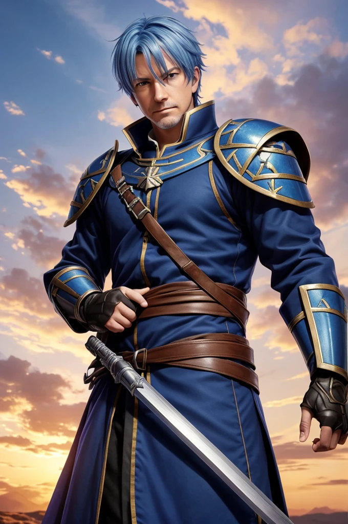 Highest quality, masterpiece, High resolution, alone, （Fire emblem），（FE Heroes_fin），Evening sky_background，Middle Age_male，（smug face），（blue_Hair Color）, 4K, masterpiece,， alone, 1,whole body，looking at the camera, Fumaru，（blue_coat）Sharp Eyes，（Full Finger）, （gun_Swing up）, （The finer details）, （Anatomically correct）, (映画のbackground), Hyper Detail, (Subtle details), (Intricate details)