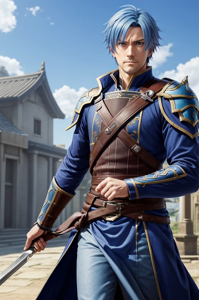 Highest quality, masterpiece, High resolution, alone, （Fire emblem），（FE Heroes_fin），Evening sky_background，Middle Age_male，（smug face），（blue_Hair Color）, 4K, masterpiece,， alone, 1,whole body，looking at the camera, Fumaru，（blue_coat）Sharp Eyes，（Full Finger）, （gun_Swing up）, （The finer details）, （Anatomically correct）, (映画のbackground), Hyper Detail, (Subtle details), (Intricate details)