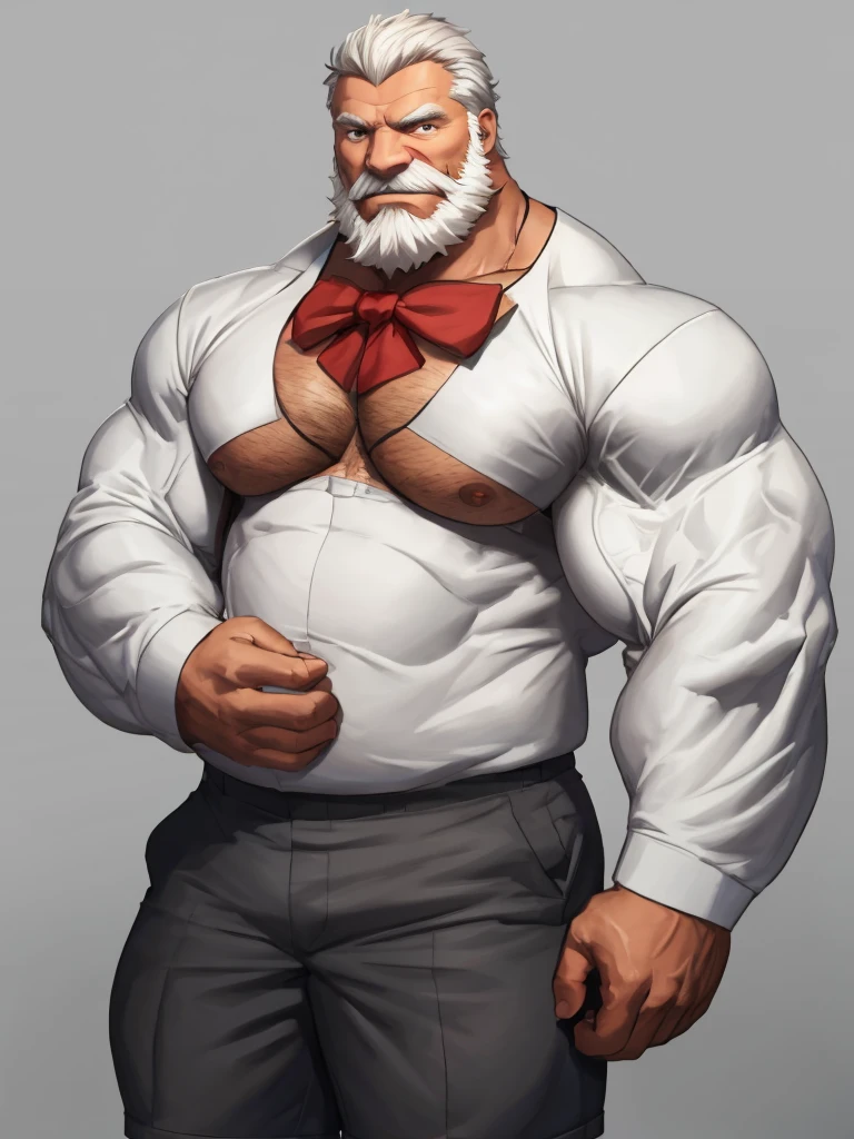 solo, 1boy, Huge Muscular Old man wearing suits:1.2 , pectoral, thick arms, huge pectoral, wide pectoral, short white hair, short pants and shirtless, bearded, simple background, masterpiece, high detailed, 8k, high resolution