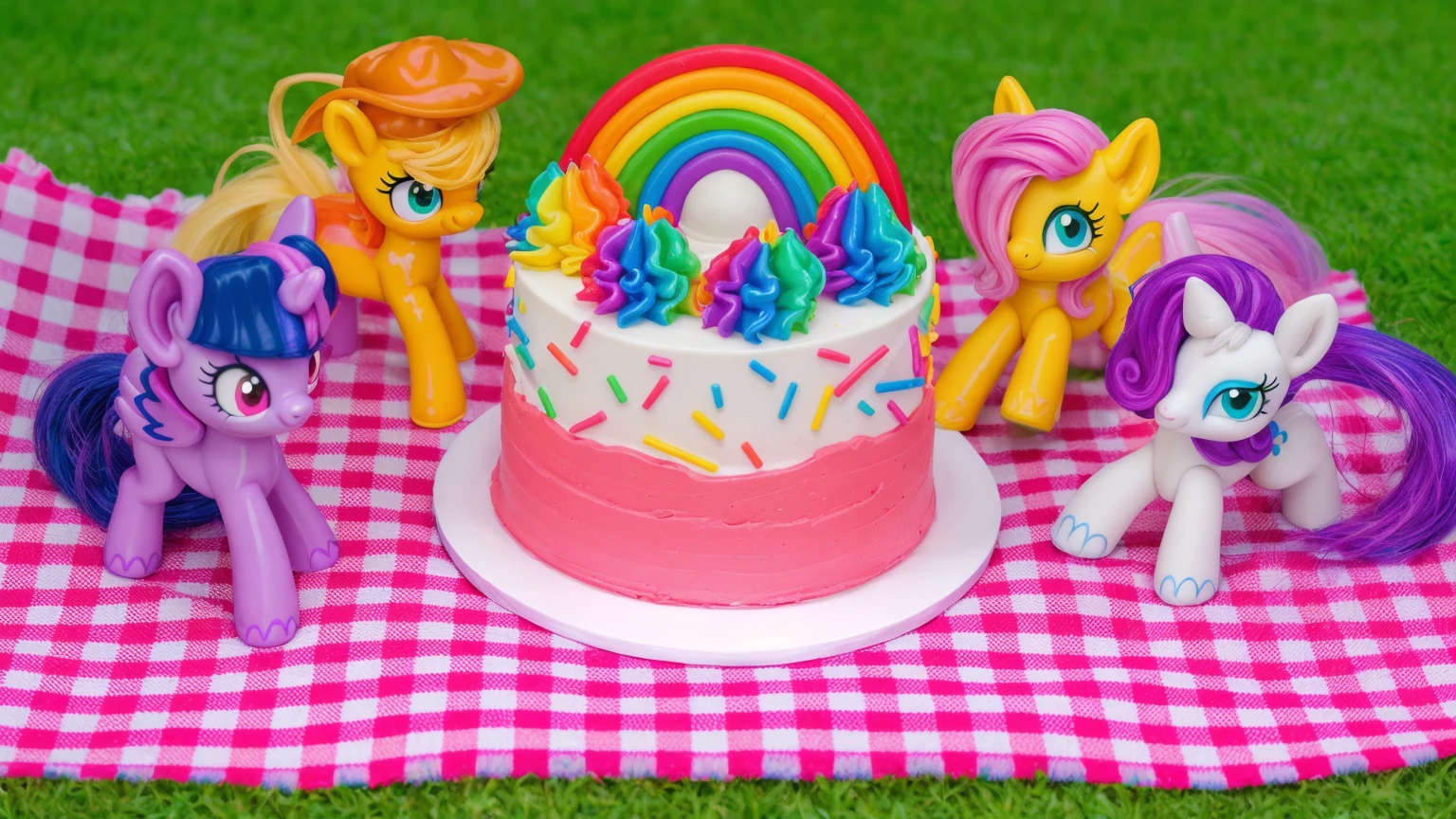 on the grass, on a pink checkered tablecloth. there is a white plate with cake, white and pink cream cake, Rainbow confectionery powder on the cake, top rainbow gradient cream, polymer clay rainbow, рядом стоят пластиковые pony toys из мультфильма My Little Pony, pony toys, beautiful light, sunlight, sunny day, beautiful lighting, bright announcement, several light sources, Realistic style, realistic textures, high quality, high detail, detailed texture, ultra 4k hd