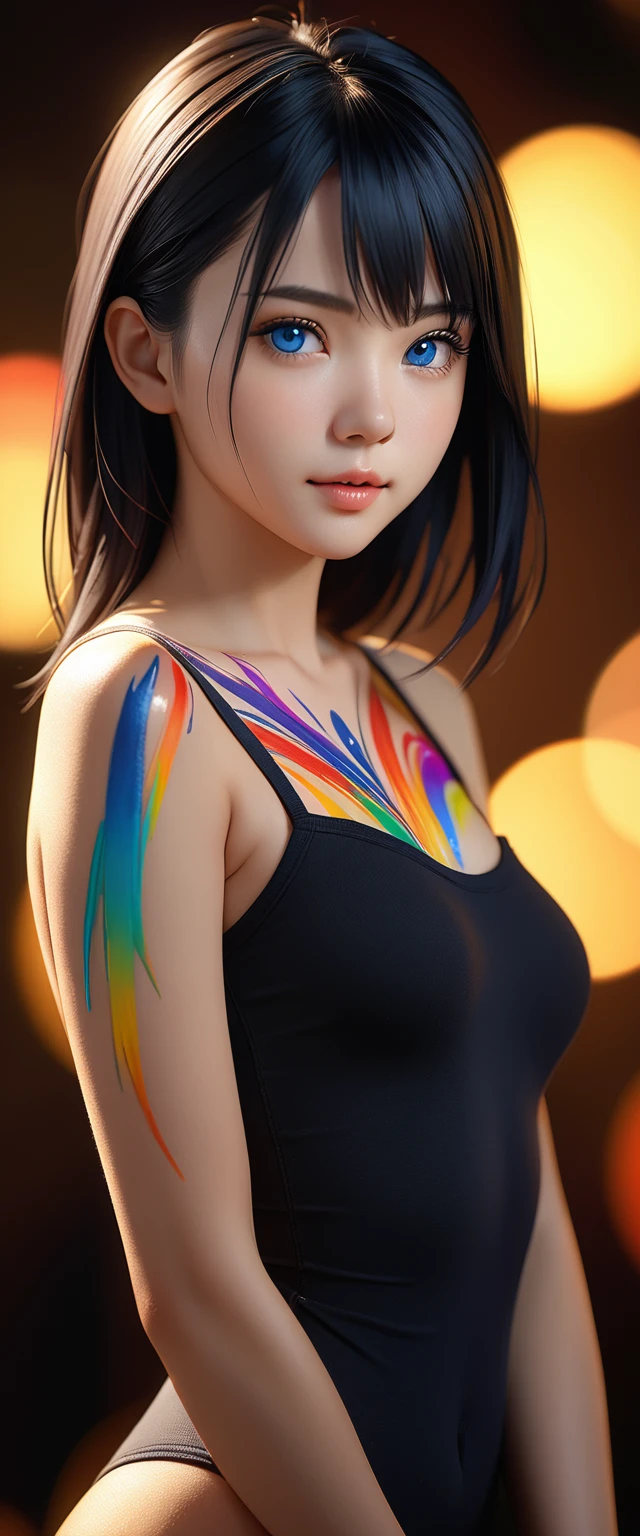 best quality, masterpiece, high resolution, Full body portrait, Practical, blue eyes, Colorful black hair, Small Breasts, 8k resolution, high qualityCG, Beautiful CG, Soft Light, Tyndall effect, lifelike, Two-color lighting, Side lighting, (HD Skin:1.2), 8K超高清, high quality, Volumetric Lighting, admit, photography, 超high resolution, 8K, Bokeh, Shallow depth of field、Body painting、No clothes