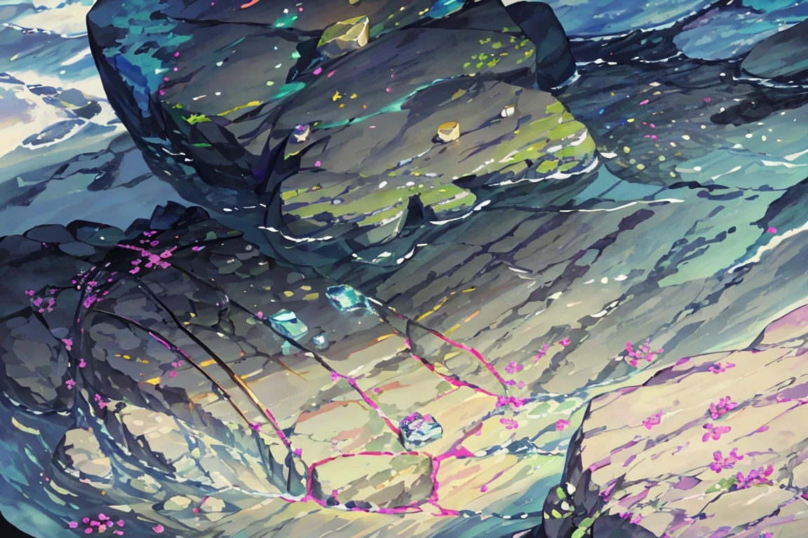 summer, rocky area, rock formation, diamond rocks, There are diamonds on the floor (illustration : 1.0), Narrative construction, realistic lighting, HD detail, masterpiece, best quality best, (Highly detailed CG integrated 8k wallpaper), rocky area, diamond pillar, diamond rocks