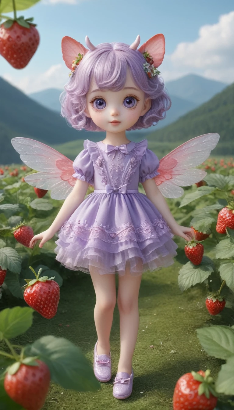 Cute unidentified creature、A soft, pastel lavender body、Cute big eyes、Small ears、small limbs、Big shiny feather、Sparkly spiral horns、Flapping wings and floating、Looking for strawberries、The background is a strawberry field、photograph、Highest quality、4K、realism、Ultra delicate